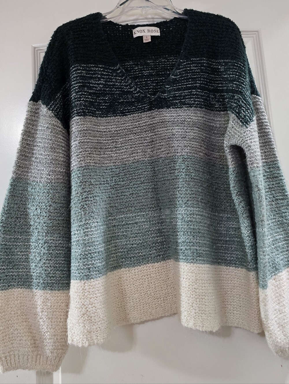 Knox Rose Striped V-Neck Sweater in Dark Green, Gray & Cream